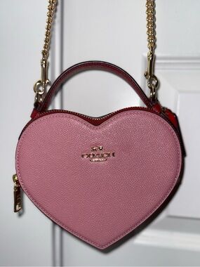 COACH Pink and Red Heart Mini Crossbody with Gold Chain